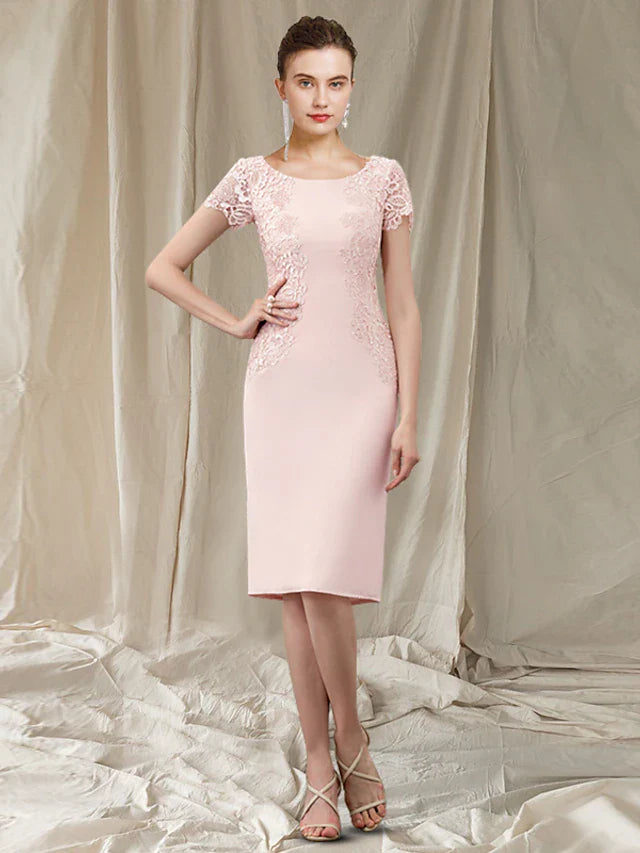 Wholesale Sheath / Column Mother of the Bride Dress Elegant Jewel Neck Knee Length Lace Stretch Fabric Short Sleeve with Appliques